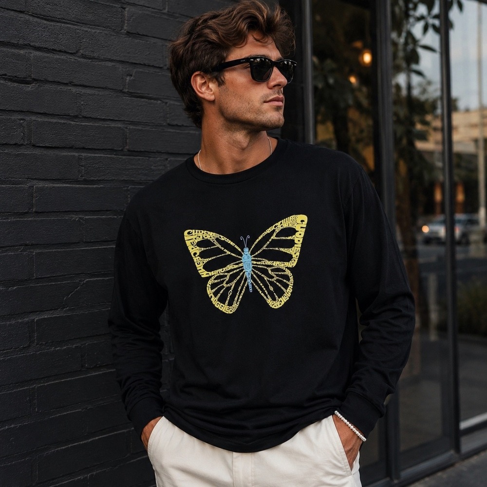 LA Pop Art Mens T Shirt Butterfly Word Art Long Sleeve Black Size M
